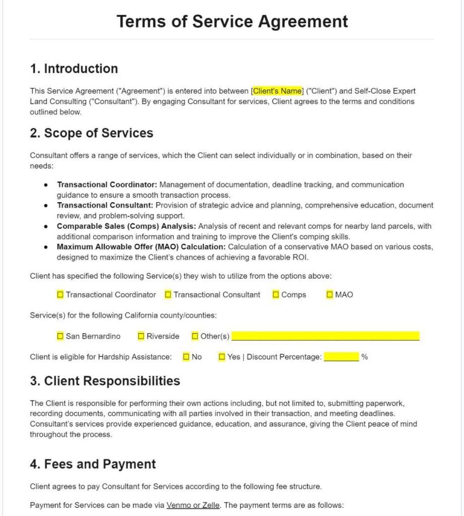 Page 1 of Terms of Service Agreement